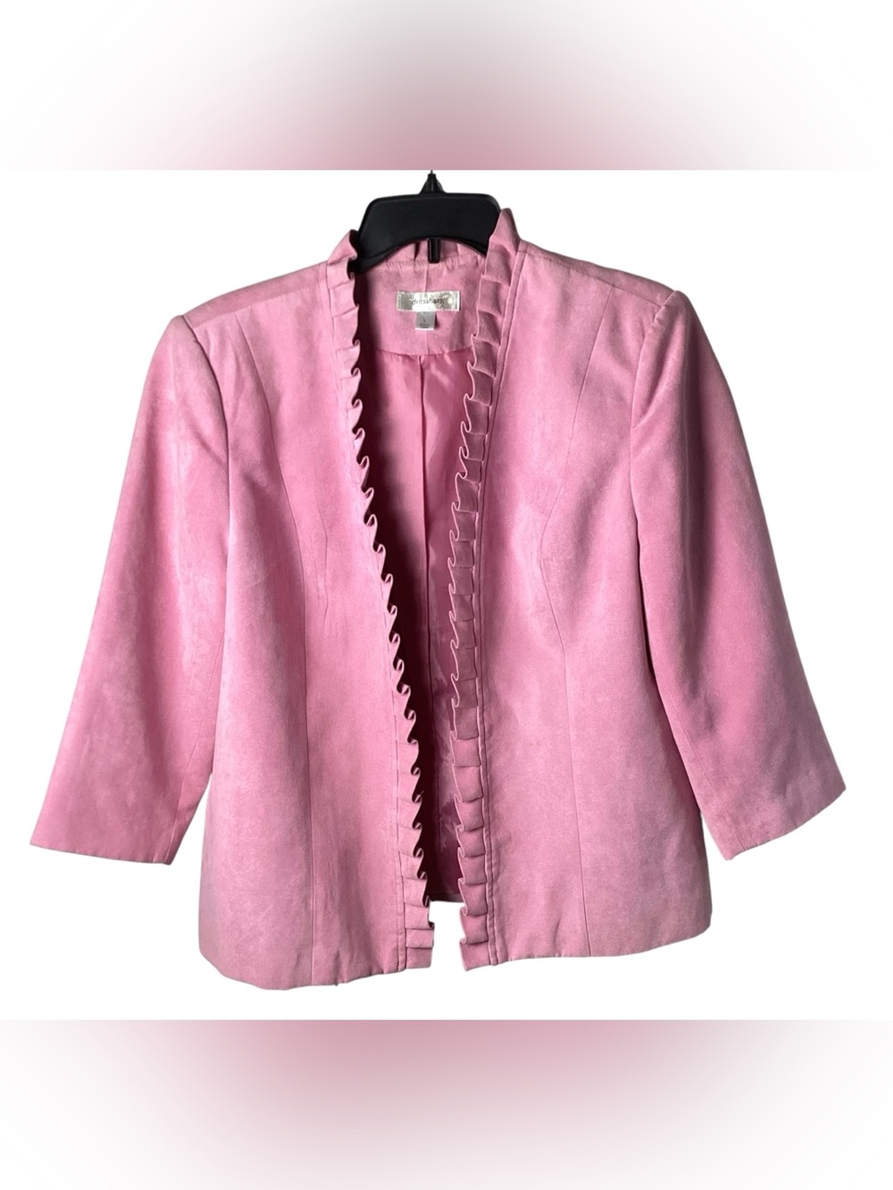 dressbarn Pink Faux Suede Ruffle-Trim Blazer